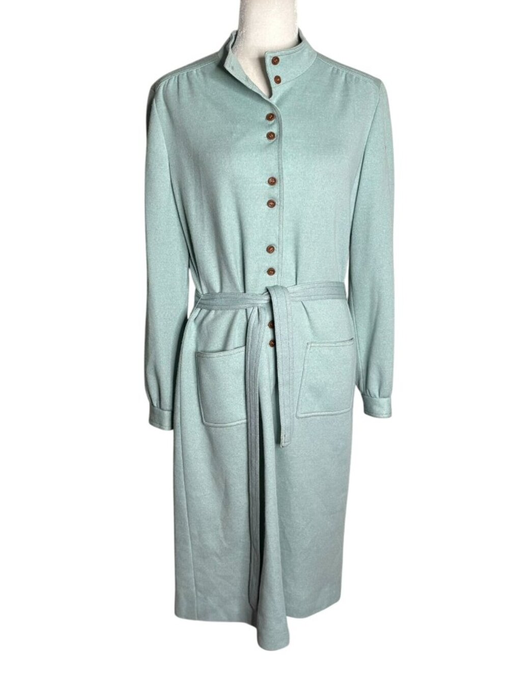 Vintage 70s Button Up Midi Dress Large Green Tie Pockets Long Sleeve Union Made